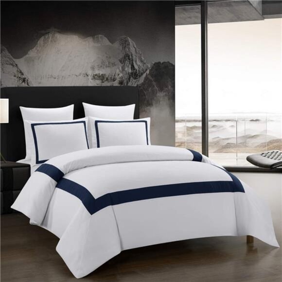 Hotel Duvet Cover Set King Size 3Pcs Microfiber Navy Line Pattern - Picture 1 of 7